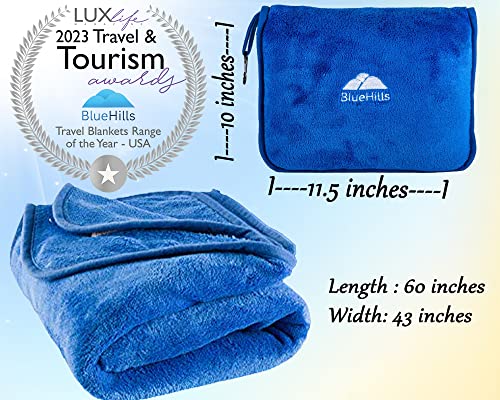 BlueHills Premium Soft Travel Blanket Pillow Airplane Blanket Packed in Soft Bag Pillowcase with Hand Luggage Belt and Backpack Clip, Compact Pack Large Blanket for Any Travel (Royal Blue T003)