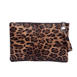 ayliss women’s animal print oversized clutch purse bag evening handbag wristlet pu leather zebra leopard zippers(brown leopard)