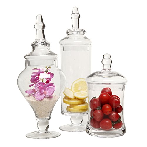 MyGift Clear Glass Apothecary Jars with Lid, Decorative Footed Vase, Candy Buffet Containers Set of 3