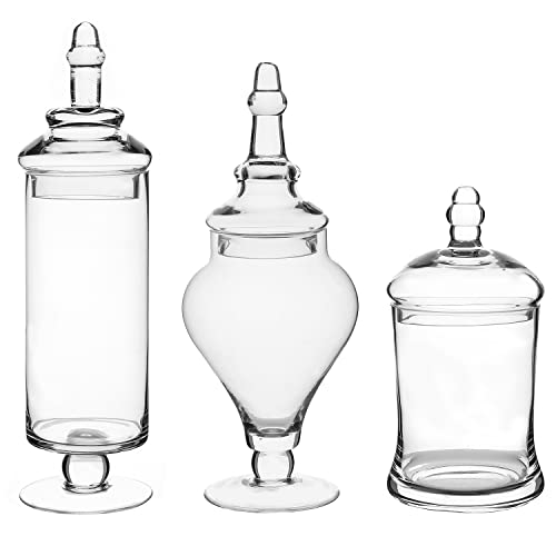 MyGift Clear Glass Apothecary Jars with Lid, Decorative Footed Vase, Candy Buffet Containers Set of 3