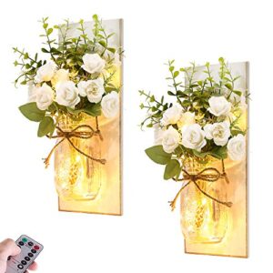 rustic wall sconces mason jar lights handmade wall art hanging design with remote timer led fairy lights and white rose, farmhouse kitchen decorations wall decor living room sconces (set of two)
