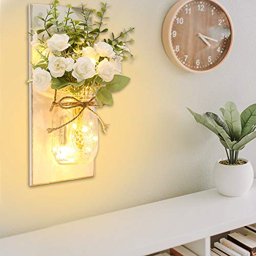 Rustic Wall Sconces Mason Jar Lights Handmade Wall Art Hanging Design with Remote Timer LED Fairy Lights and White Rose, Farmhouse Kitchen Decorations Wall Decor Living Room Sconces (Set of Two)