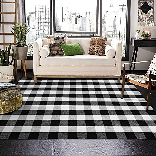 EARTHALL Buffalo Plaid Rug Black and White 5x7 Area Rug, Cotton Hand-Woven Washable Indoor Outdoor Area Rug Farmhouse/Dining Room/Bedroom/Living Room Rug Retro Lattice Checkered Carpet (59''x78'')