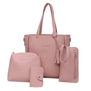 4pcs set tassel handbags fashion satchel bags shoulder purses wallet top handle work bags (pink)