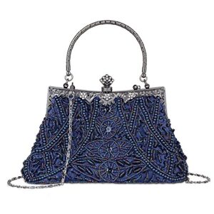 kisschic clutch purses for women vintage beaded clutches purses evening handbags for wedding party (navy blue)
