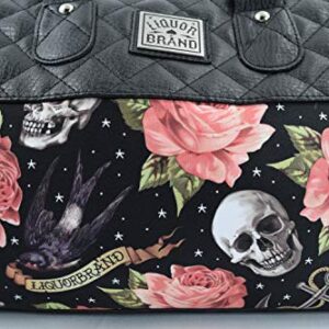 Liquorbrand Skulls & Pink Roses Satchel Purse Rockabilly Tattoed Lady Handbag Small Satchel Purse Crossbody bag