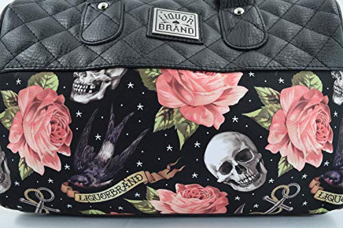 Liquorbrand Skulls & Pink Roses Satchel Purse Rockabilly Tattoed Lady Handbag Small Satchel Purse Crossbody bag