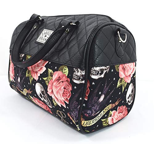 Liquorbrand Skulls & Pink Roses Satchel Purse Rockabilly Tattoed Lady Handbag Small Satchel Purse Crossbody bag