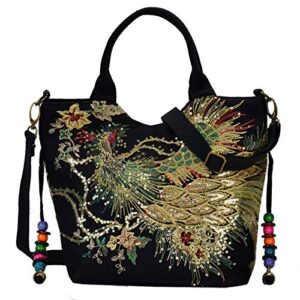 shoulder handbags for women,ladies ethnic travel hobo bags tote with bling sequins phoenix embroidered