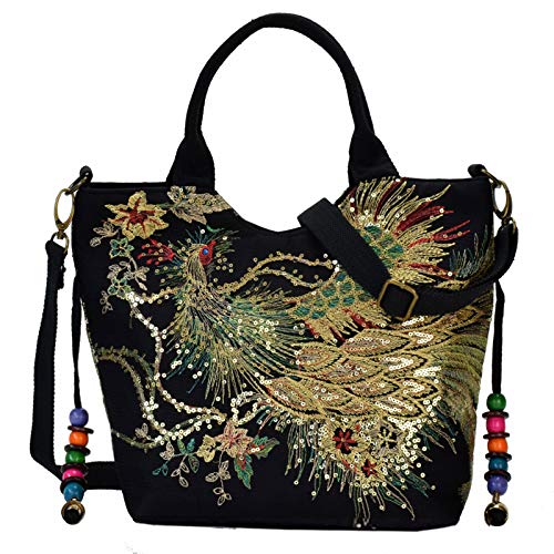 Shoulder Handbags for Women,Ladies Ethnic Travel Hobo Bags Tote with Bling Sequins Phoenix Embroidered