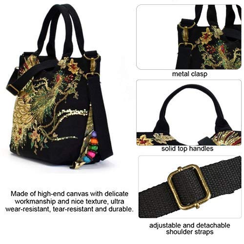 Shoulder Handbags for Women,Ladies Ethnic Travel Hobo Bags Tote with Bling Sequins Phoenix Embroidered