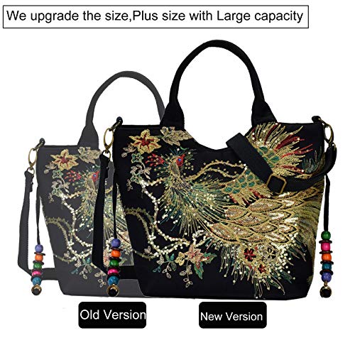 Shoulder Handbags for Women,Ladies Ethnic Travel Hobo Bags Tote with Bling Sequins Phoenix Embroidered