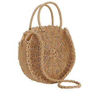 gets straw beach bag for women handmade weave straw handbag round summer shoulder bag (2 coffee color)