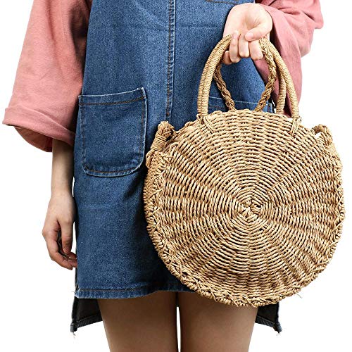 Gets Straw Beach Bag for Women Handmade Weave Straw Handbag Round Summer Shoulder Bag (2 Coffee Color)