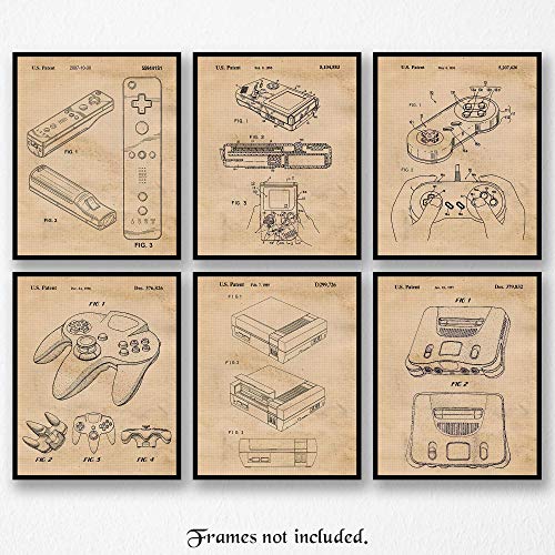 Vintage Video Games Console Controller Patent Prints, 6 (8x10) Unframed Photos, Wall Art Decor Gifts Under 25 for Home Office Garage Man Cave Shop College Student Teacher Comic-Con Movies Gaming Fan