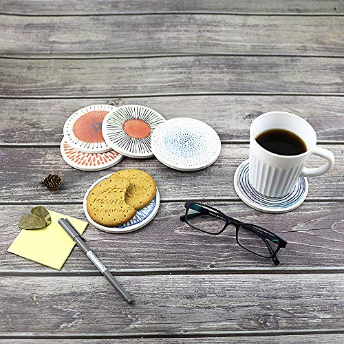 AD Set of 6 Coasters with Holder for Drinks Absorbing Round Ceramic Stone Coaster with Cork Base,Tabletop Protection Mat for Mugs and Cups,Office,Kitchen (Colorful with Holder)
