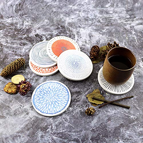 AD Set of 6 Coasters with Holder for Drinks Absorbing Round Ceramic Stone Coaster with Cork Base,Tabletop Protection Mat for Mugs and Cups,Office,Kitchen (Colorful with Holder)