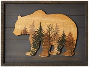 nikky home cute bear in the forest woodland decorative wood framed wall art prints cabin decor, 16″ x 12″, dark slate grey