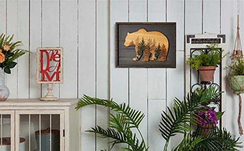 NIKKY HOME Cute Bear in The Forest Woodland Decorative Wood Framed Wall Art Prints Cabin Decor, 16" x 12", Dark Slate Grey