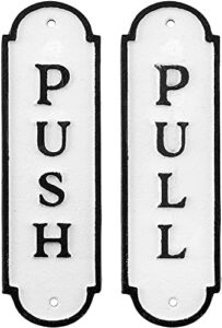 auldhome push pull door signs (set of 2); cast iron farmhouse style vertical signs for home and business