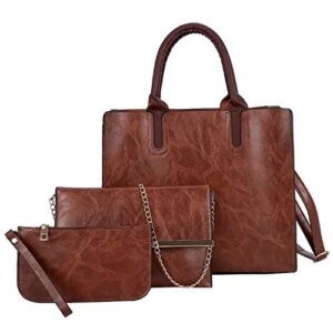 3pcs set chic handbags pu leather satchel bags chain shoulder messenger bag purses wallet top handle work bags (brown)