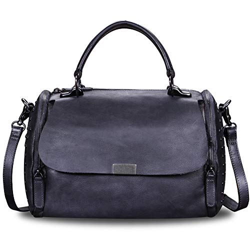 IVTG Genuine Leather Satchel Bag for Women Vintage Handmade Top Handle Crossbody Handbag (Black)