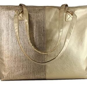 LONI Womens Metallic Faux Leather Tote Shoulder Beach Holiday Bag in Gold