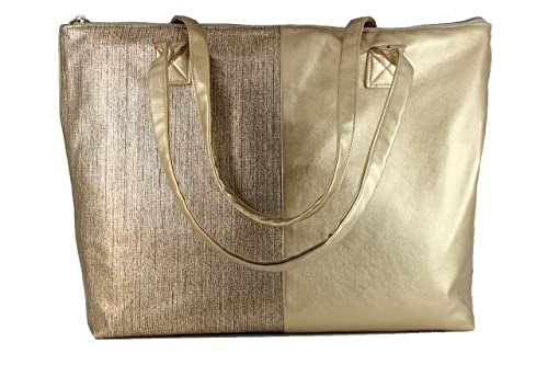 LONI Womens Metallic Faux Leather Tote Shoulder Beach Holiday Bag in Gold