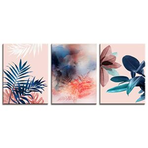 Canvas Wall Art for Girls Bedroom Bathroom,3 Pieces 12" X 16" Tropical Botanical Prints Abstract Watercolor, Modern Navy Blue Leaf Picture Artwork Framed Ready to Hang, Teen Girls Woman Room Blush Pink Decor