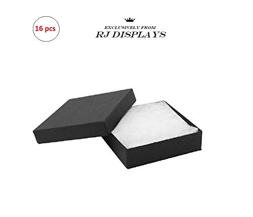 16 Pack Cotton Filled Matte Black Color Jewelry Gift and Retail Boxes 3.5 X 3.5 X 1 Inch Size by R J Displays