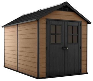 keter newton 7.5×11 large resin outdoor storage shed kit – perfect to store patio furniture, garden tools, bike accessories, and lawn mower, mahogany brown