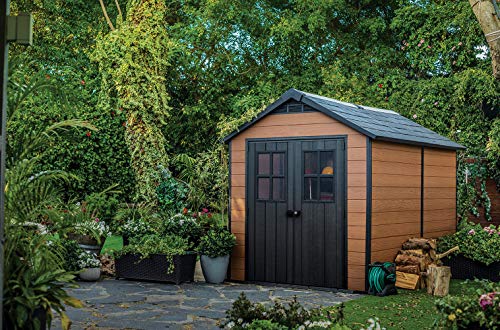 Keter Newton 7.5x11 Large Resin Outdoor Storage Shed Kit – Perfect to Store Patio Furniture, Garden Tools, Bike Accessories, and Lawn Mower, Mahogany Brown