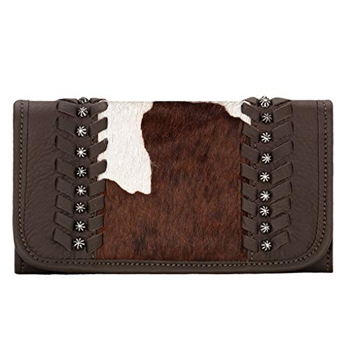 American West & SILVERFEVER Genuine Leather Ladies Folded Wallet Slim Vintage Hand Tooled Cowhide Handmade Cash Card Holder Organizer (Chocolate w hair - Cow Town)