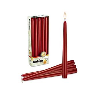 bolsius dark red taper candles – 10 inch – 8 hours burn time – 10 pack dinner candle set – premium european quality – consistent smokeless flame – unscented dripless household candlesticks