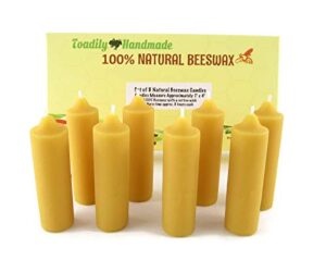 eight (8) hand poured solid beeswax candles in natural – each candle measures approximately 1″ x 4″ – 100% beeswax candles by toadily handmade – made in the usa