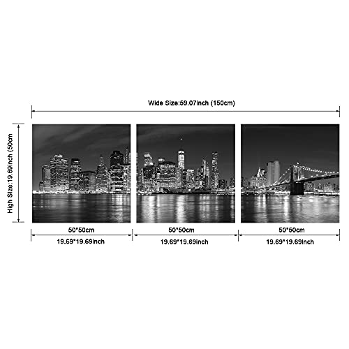 Pyradecor New York City Skyline Night Modern 3 Panel Stretched and Framed Black and White Cityscape Giclee Canvas Prints Pictures Paintings on Wall Art for Living Room Bedroom Home Decorations