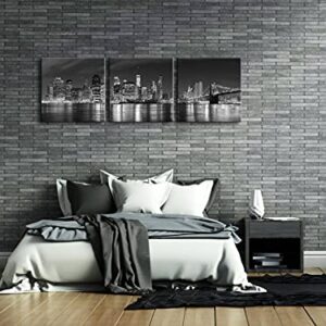 Pyradecor New York City Skyline Night Modern 3 Panel Stretched and Framed Black and White Cityscape Giclee Canvas Prints Pictures Paintings on Wall Art for Living Room Bedroom Home Decorations