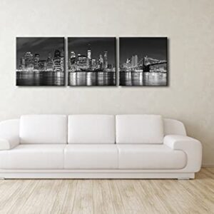 Pyradecor New York City Skyline Night Modern 3 Panel Stretched and Framed Black and White Cityscape Giclee Canvas Prints Pictures Paintings on Wall Art for Living Room Bedroom Home Decorations