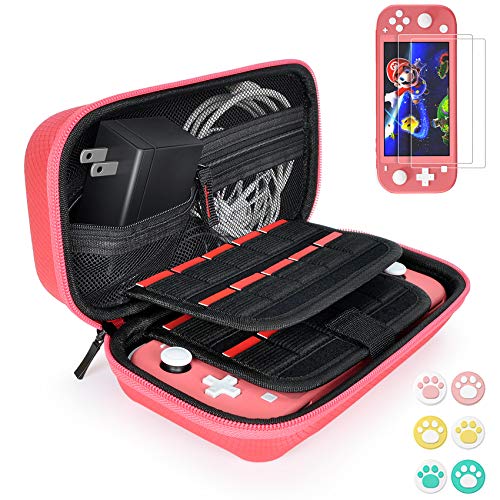 Daydayup Switch Case Compatible with Nintendo Switch Lite with 2 Pack Screen Protector & 6 Pcs Thumb Grip, 20 Game Cartridges Hard Shell Travel Carrying Switch Lite Console & Accessories, Red