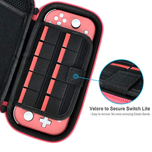 Daydayup Switch Case Compatible with Nintendo Switch Lite with 2 Pack Screen Protector & 6 Pcs Thumb Grip, 20 Game Cartridges Hard Shell Travel Carrying Switch Lite Console & Accessories, Red