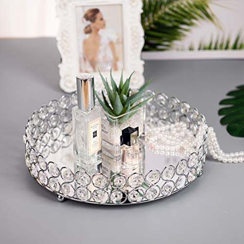 Feyarl Crystal Cosmetic Makeup Tray Jewelry Trinket Tray Organizer Vanity Tray Mirrored Decorative Tray Home Deco Dresser Perfume Skin Care Tray for Christmas Brithday Gift(Round 10" inch) (Silver)