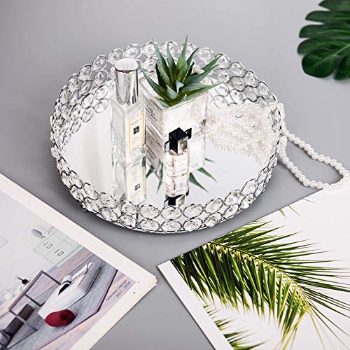 Feyarl Crystal Cosmetic Makeup Tray Jewelry Trinket Tray Organizer Vanity Tray Mirrored Decorative Tray Home Deco Dresser Perfume Skin Care Tray for Christmas Brithday Gift(Round 10" inch) (Silver)