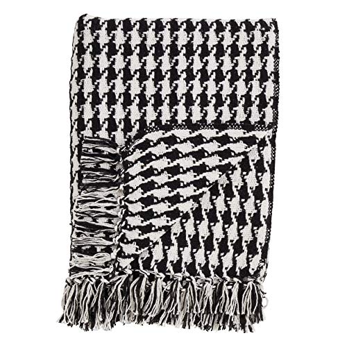 SARO LIFESTYLE Sevan Collection Houndstooth Design Cotton Throw, Black