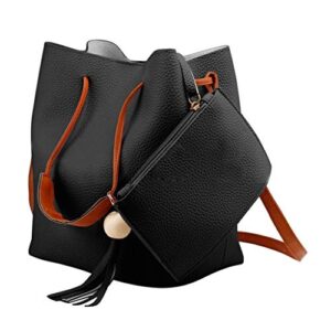 2pcs set women purse handbags tassel shoulder bag tote satchel hobo bag school shopping work bag for ladies (black)