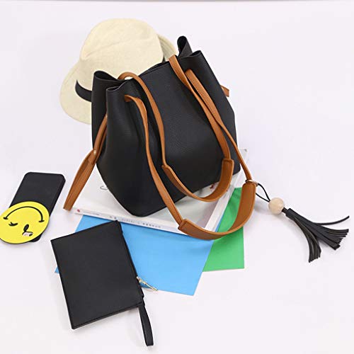 2pcs Set Women Purse Handbags Tassel Shoulder Bag Tote Satchel Hobo Bag School Shopping Work Bag for Ladies (Black)