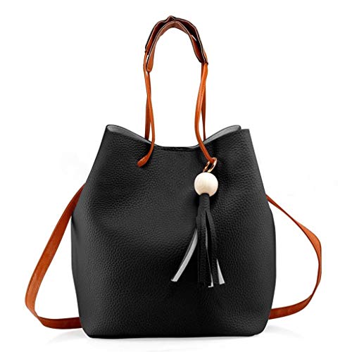 2pcs Set Women Purse Handbags Tassel Shoulder Bag Tote Satchel Hobo Bag School Shopping Work Bag for Ladies (Black)