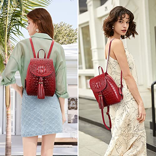 PIJUSHI Small Crocodile Leather Backpack Purse for Women Fashion Casual Backpack Crocodile Bag (B 66810 red)