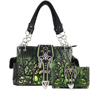 justin west abstract butterfly buckle black conceal carry handbag (green purse and wallet)