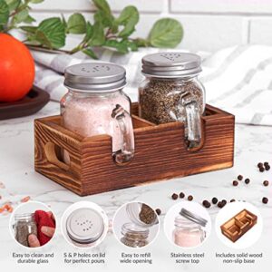 Mason Jar Salt and Pepper Shakers Set with Wood Caddy, Easy to Clean & Refill for Farmhouse Kitchen Table, Rustic Home Decor and Gifts