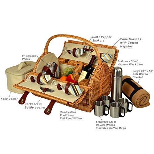 Picnic at Ascot Yorkshire Willow Picnic Basket with Service for 4 with Blanket and Coffee Set